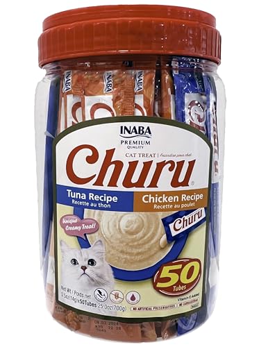 INABA Churu Cat Treats, Grain-Free, Lickable, Squeezable Creamy Purée Cat Treat/Topper, 25 Tuna & 25 Chicken - Image 1