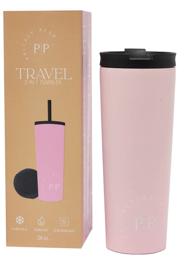 Prickly Pear Travel 2 In 1 Double Walled Insulated Stainless-Steel Tumbler With Secure Sealed Lid Keeping Drinks Hot Or Cold Leak Resistant 24Oz Pink.  - Image 1