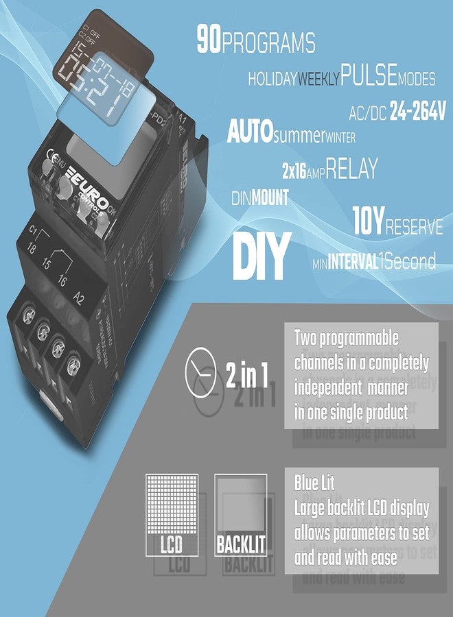 EuroControls Euro Controls EDT-PD2 German Tech - 2 Independent Channel Timer - 24 to 265 V AC/DC - LCD Backlit - 80 Programs Daily/Weekly/Pulse/Holiday modes - Electronic Timer Switch relay - Image 3