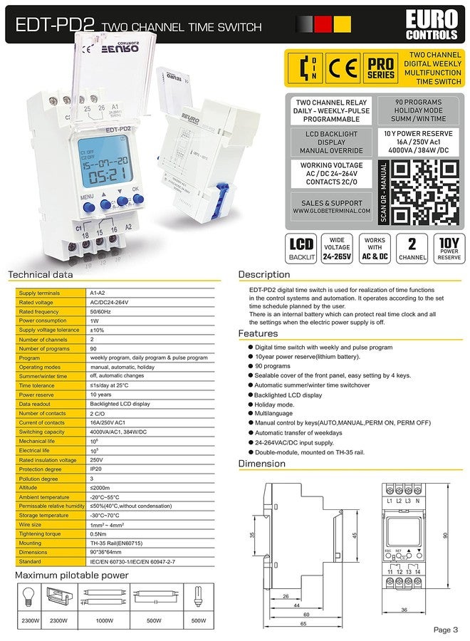 EuroControls Euro Controls EDT-PD2 German Tech - 2 Independent Channel Timer - 24 to 265 V AC/DC - LCD Backlit - 80 Programs Daily/Weekly/Pulse/Holiday modes - Electronic Timer Switch relay - Image 2