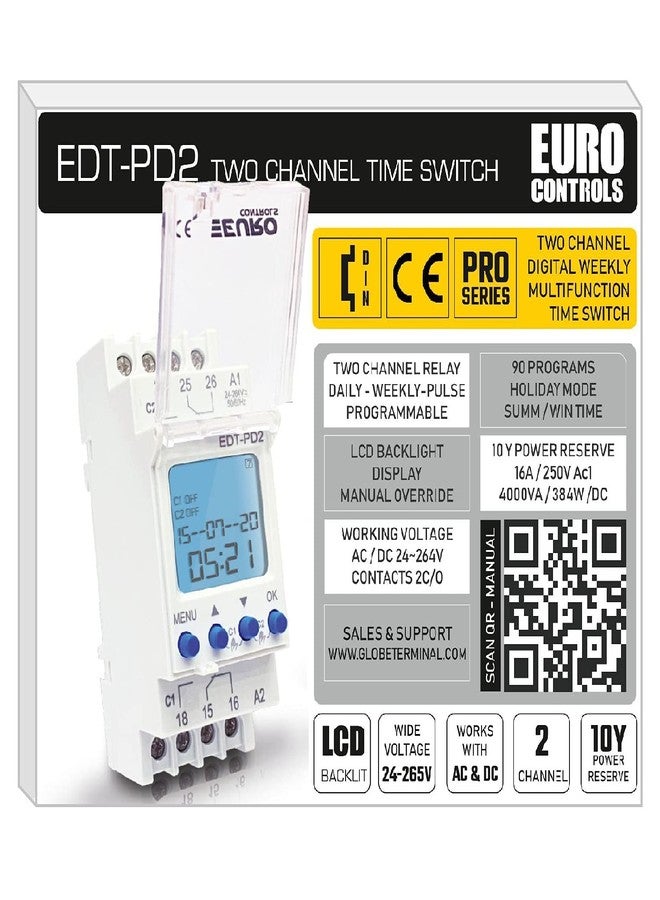 EuroControls Euro Controls EDT-PD2 German Tech - 2 Independent Channel Timer - 24 to 265 V AC/DC - LCD Backlit - 80 Programs Daily/Weekly/Pulse/Holiday modes - Electronic Timer Switch relay - Image 1