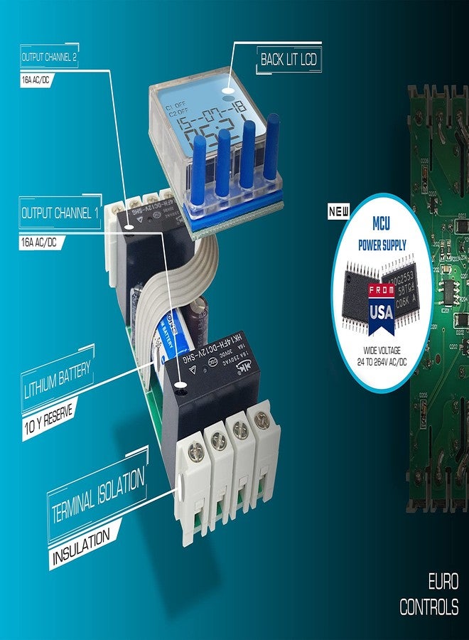 EuroControls Euro Controls EDT-PD2 German Tech - 2 Independent Channel Timer - 24 to 265 V AC/DC - LCD Backlit - 80 Programs Daily/Weekly/Pulse/Holiday modes - Electronic Timer Switch relay - Image 4
