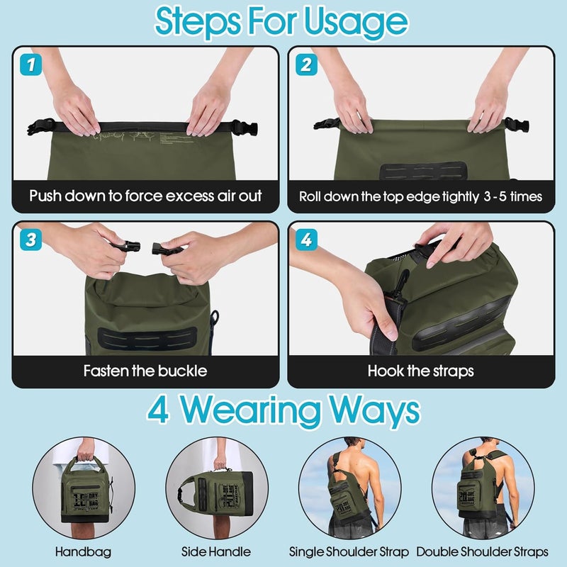 MORXPLOR Dry Bag Waterproof,5L/10L/20L/30L Roll Top Dry Bag Backpack with WaterProof Phone Case for Swim,Kayak(GreenBlack 10L) - Image 3
