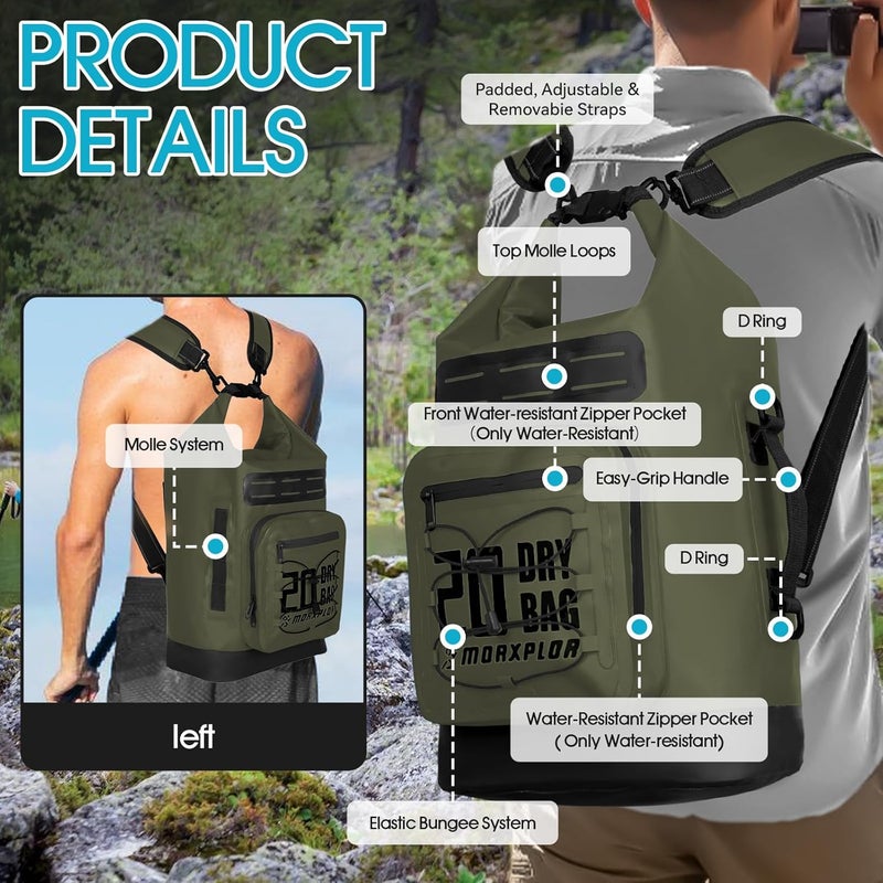 MORXPLOR Dry Bag Waterproof,5L/10L/20L/30L Roll Top Dry Bag Backpack with WaterProof Phone Case for Swim,Kayak(GreenBlack 10L) - Image 4