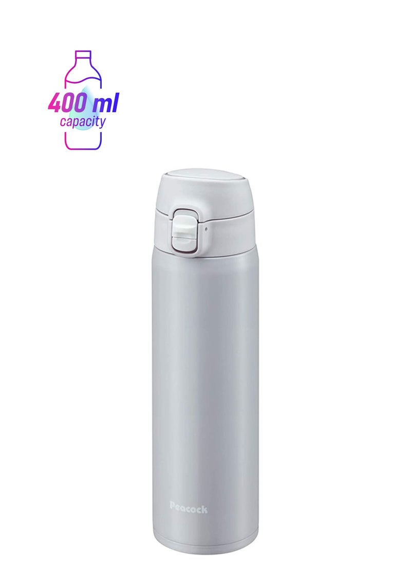 Peacock 400ml Stainless Steel Onetouch Vacuum Water Bottle Sports Bottle in Grey, Insulated Leak Proof Thermal Flask with Safety Lock for Hot and Cold Drinks - Image 1