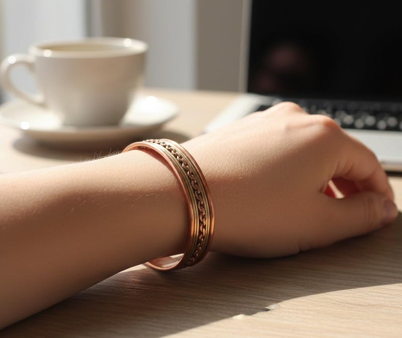 Touchstone Copper Magnetic Hand Forged With Solid And High Gauge Tibetan Style Chains Pattern Minimalistic Elegance Pure Copper Bracelet In Two Tones. - Image 4