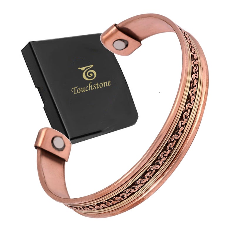 Touchstone Copper Magnetic Hand Forged With Solid And High Gauge Tibetan Style Chains Pattern Minimalistic Elegance Pure Copper Bracelet In Two Tones. - Image 1