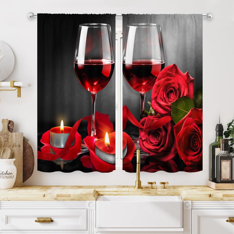 MESHELLY Red Kitchen Curtains 275W x 39H Rod Pocket Burgundy Curtains Rose Wine Decor for Women Girls Black Red Cafe Curtains Romantic Floral Flower Love Art Print Small Short Window Drapes 2 Panels