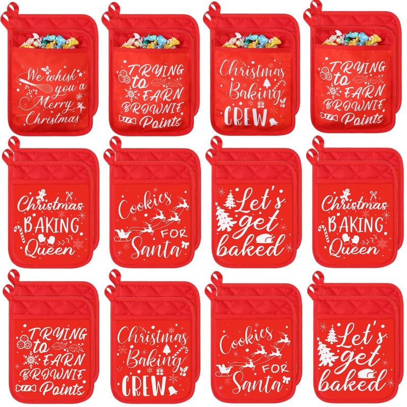 WILLBOND 24 Piece Christmas Pot Holders with Pockets  Red Funny Heat Resistant Oven Mitts for Baking  Cooking