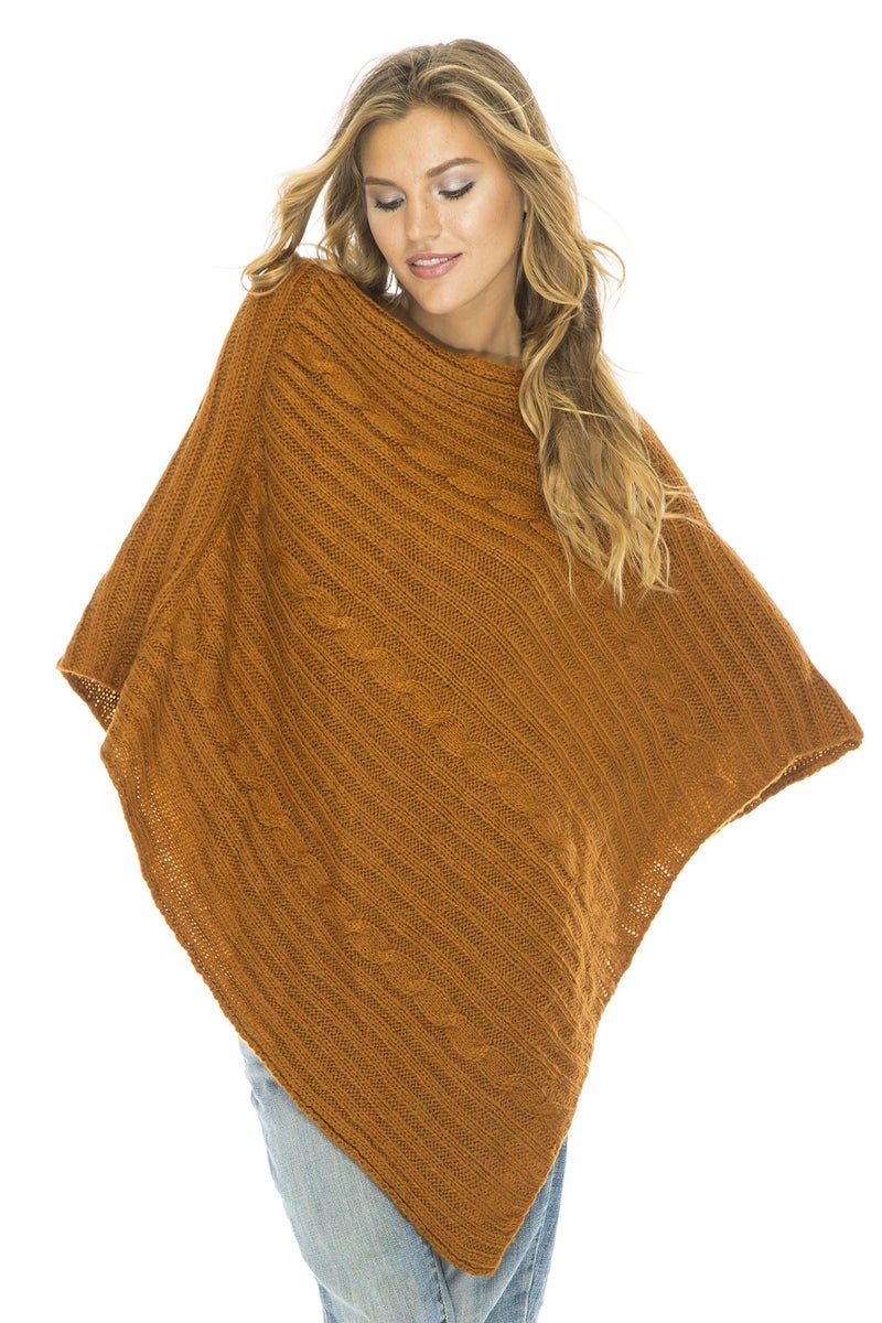 Back From Bali Knit Cable Poncho Chestnut Womens Sweater Cape - Image 1