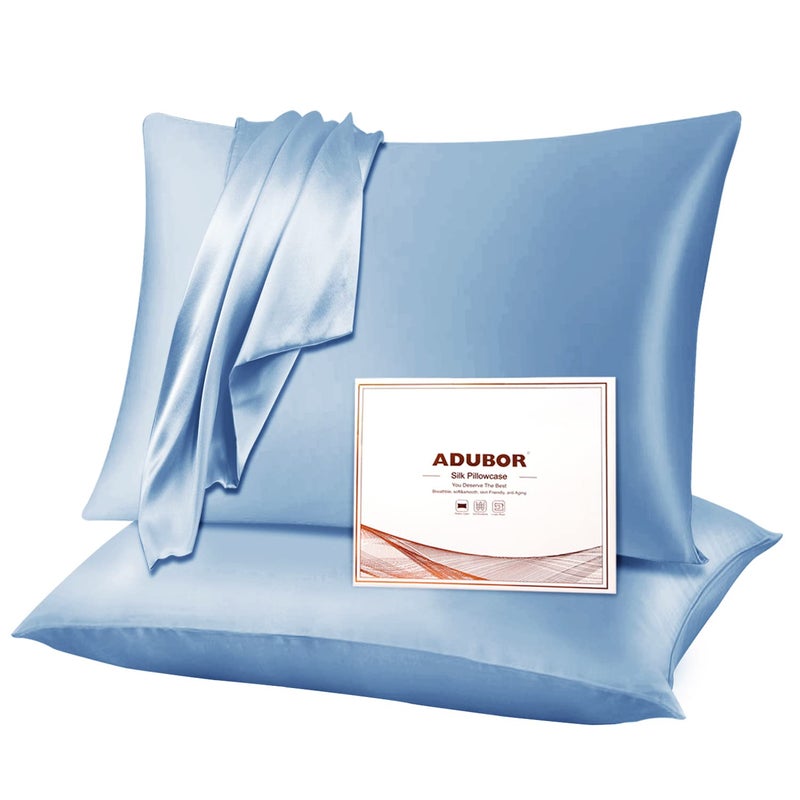 Adubor Silk Pillowcase for Hair and Skin with Hidden Zipper  Both Sides 23 Momme Silk Pillow Case (Gray Blue  King: 20''X36''-2 Pack) - Image 1