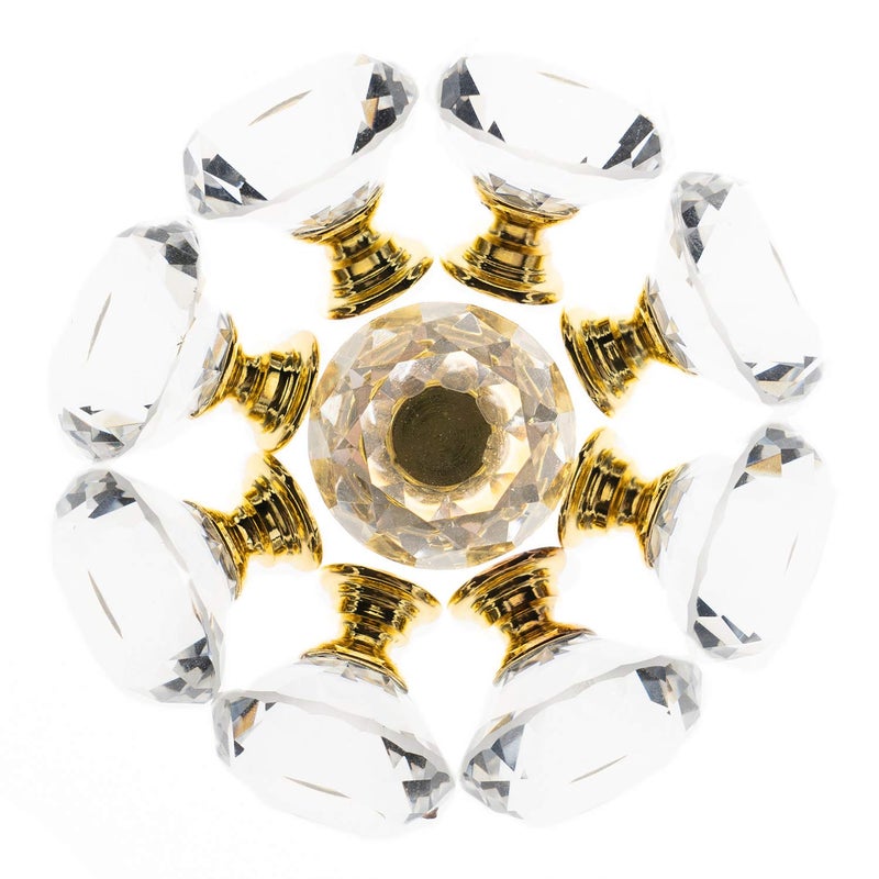 YourGift 6 Pack Drawer Knobs Diamond Shaped Crystal Glass 30mm Cabinet Knobs Pull Handles (30 mm, 6 Pack, Gold) - Image 1