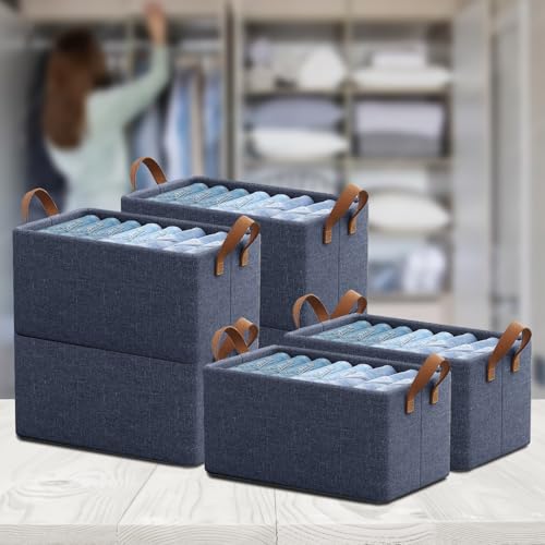 SITTELLA® Polystyrene 6 Pieces Foldable Wardrobe Organizer with Durable Handle, Stuff Storage Box Closet Drawer Organizers for Clothes, Toys, Books, Blanket (Navy Blue), 47 x 27 x 20 cm - Image 1