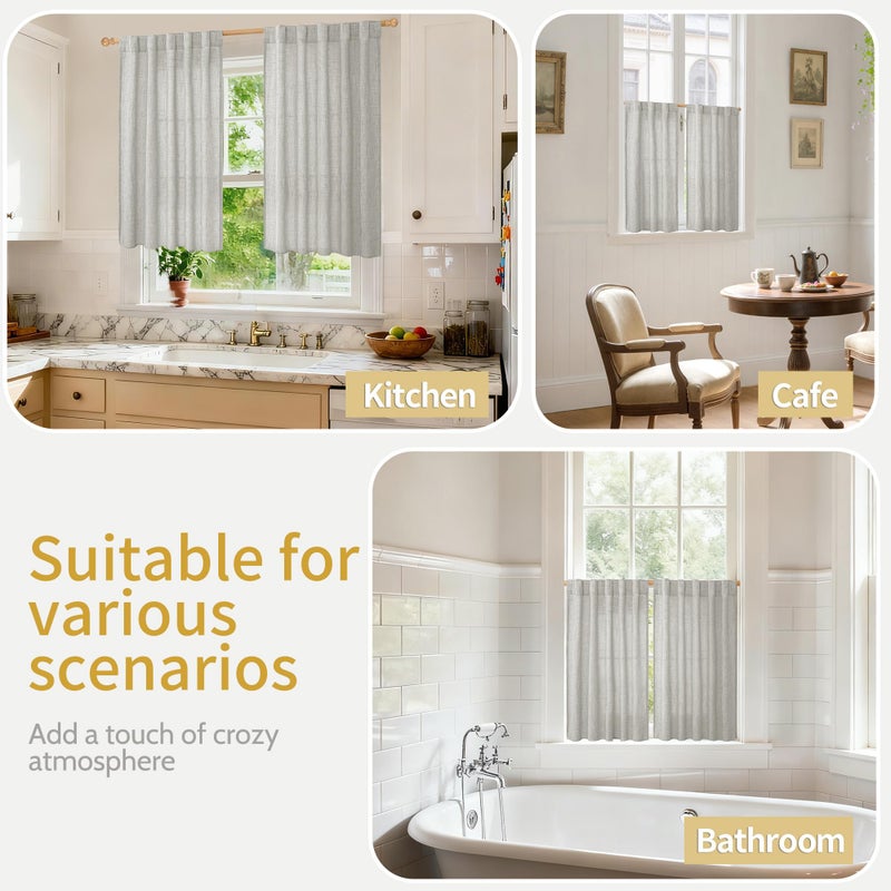 YoungsTex Light Grey Linen Curtains 40 Inches Long for Kitchen Cafe Window, Short Length Semi Sheer Drapes Back Tab Rod Pocket Light Filtering for Bathroom Bedroom, 2 Panels, 42 X 40 Inch - Image 2