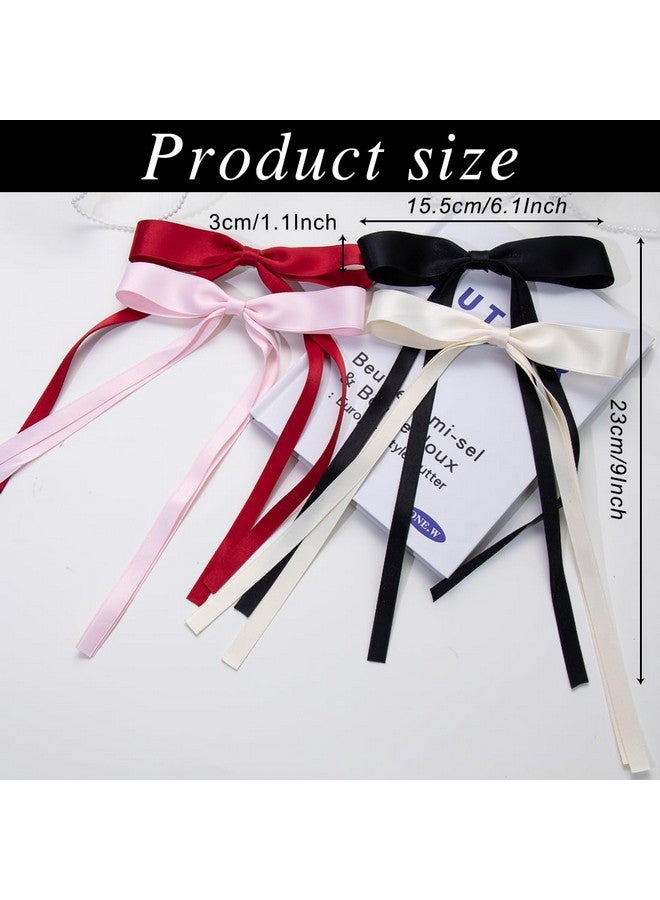mythos 4 PCS Bowknot Hair Clips with Long Tails - Ribbon Barrettes and Bow Clips for Women in Black, Cream White, Pink, Wine Red - Image 2