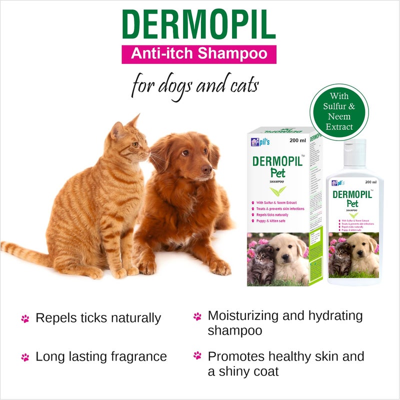 pil Dermopil Puppy & Kitten Pet Shampoo with Sulfur & Neem Extracts|Treats & Prevents Skin Infections|Repels Ticks & Fleas Naturally for Cat and Dogs (200 Milliliter) - Image 5