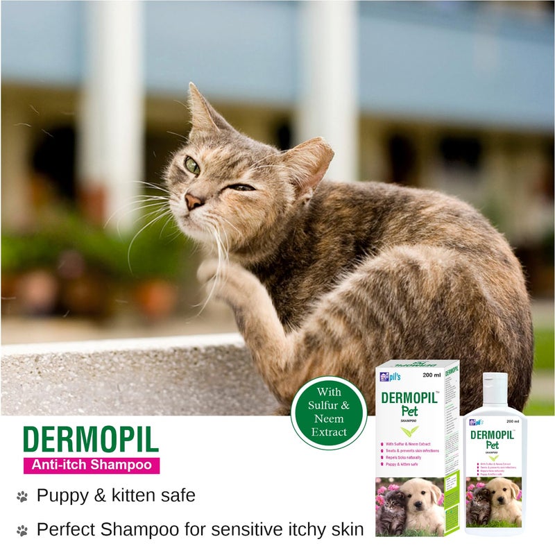 pil Dermopil Puppy & Kitten Pet Shampoo with Sulfur & Neem Extracts|Treats & Prevents Skin Infections|Repels Ticks & Fleas Naturally for Cat and Dogs (200 Milliliter) - Image 3