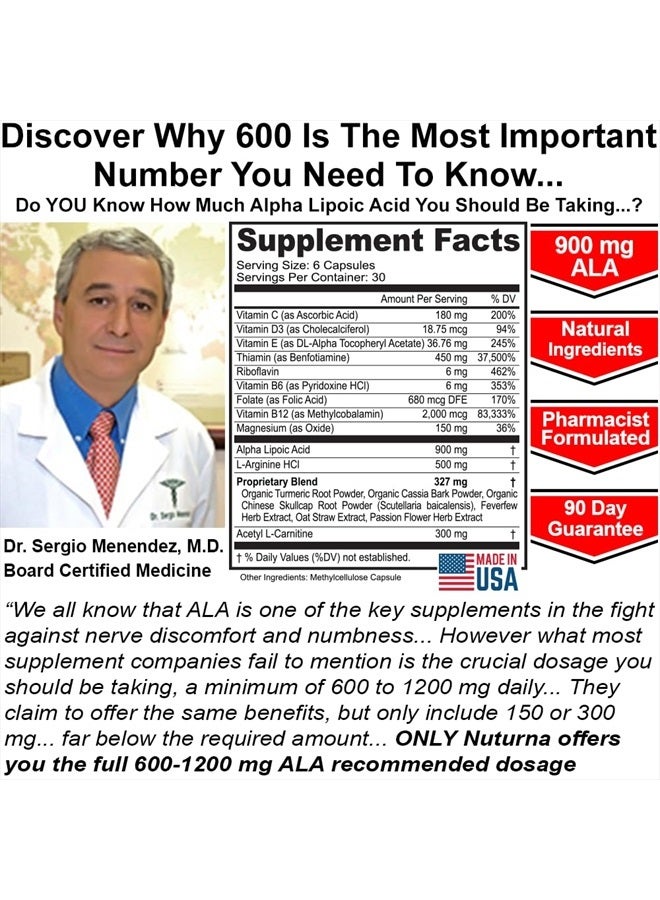 Nuturna Neuropathy Support Supplement with 900 mg Pure Alpha Lipoic Acid - Maximum Strength Nerve Formula to Fortify Nerves in Fingers, Hands, Toes, & Feet - Best Natural Nerve Relief Support - 180 Capsules - Image 4
