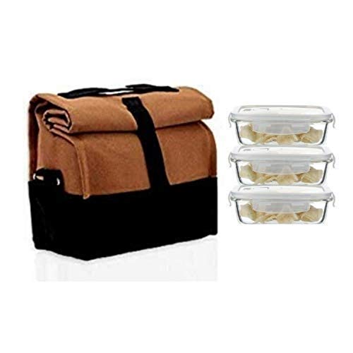 Femora Glass Lunch Box with Bag Set of 3 Containers (Round- 380 ML, Rectangular- 620 ML) Clear, Microwavable Borosilicate Glaas, Ideal for College, Travel Office, Camel Black - Image 2