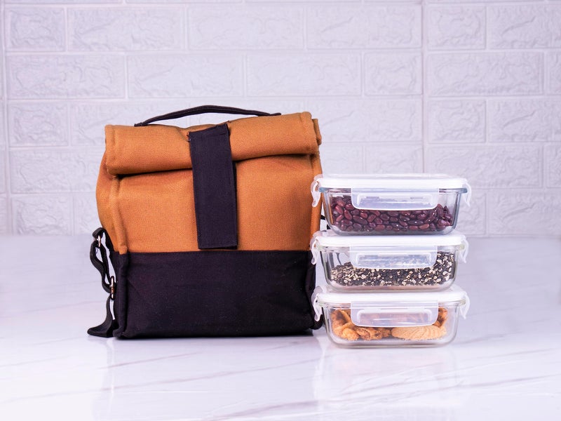 Femora Glass Lunch Box with Bag Set of 3 Containers (Round- 380 ML, Rectangular- 620 ML) Clear, Microwavable Borosilicate Glaas, Ideal for College, Travel Office, Camel Black - Image 5