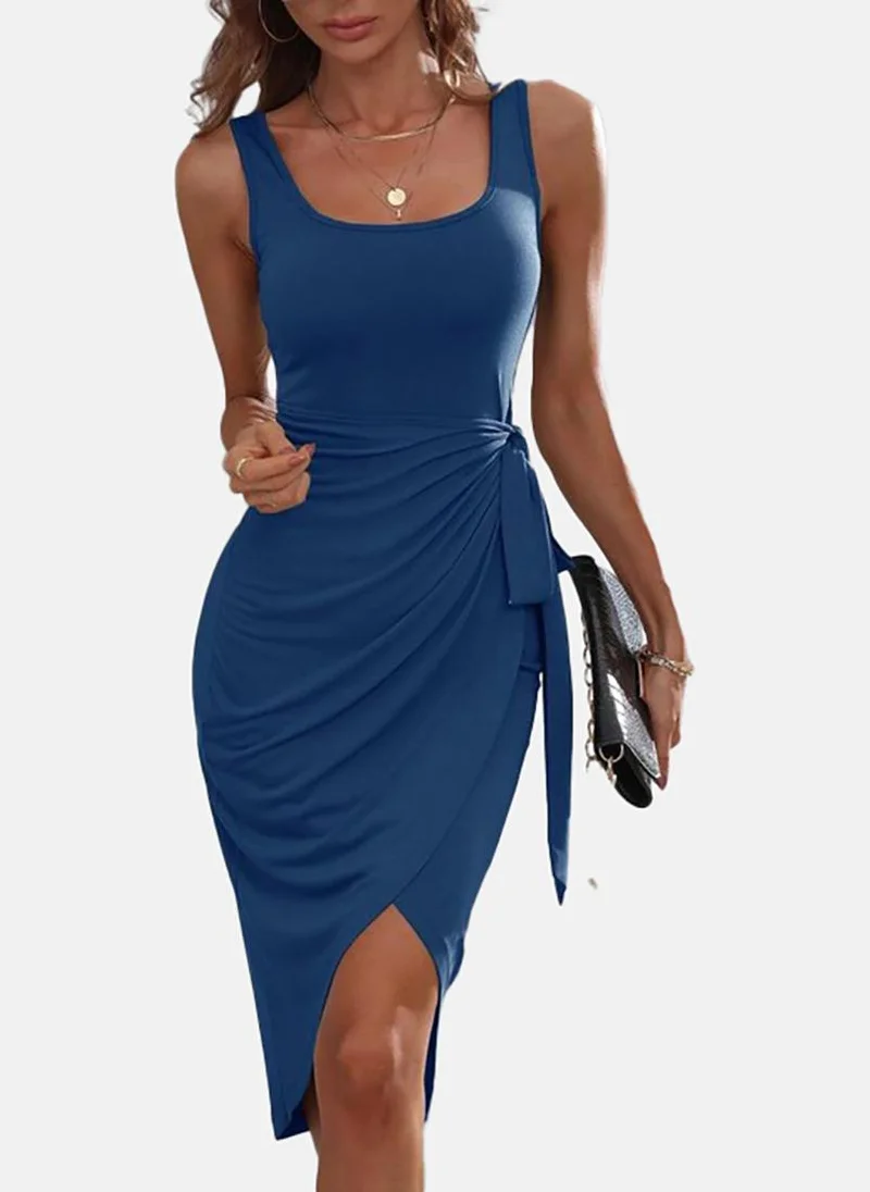 يونيكي Blue Solid Sleeveless U-neck Midi Wrap Dress
