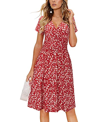 OUGES Women's Spring Dresses for Women 2025 Summer Short Sleeve V-Neck Floral Short Party Dress with Pockets(FloralZ15-419,L) - Image 1
