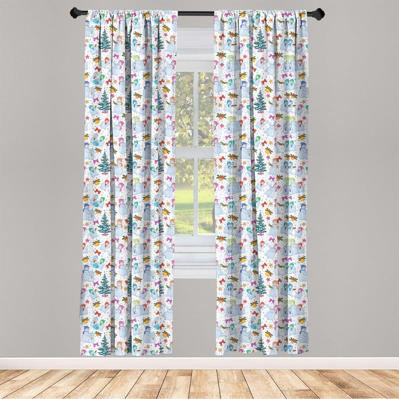 Ambesonne Christmas Window Curtains  Holiday Xmas Eve Carol Theme Snowman Pine Trees and Snowflakes Ribbons Image  Lightweight Decor 2-Panel Set with Rod Pocket  Pair of - 28"" x 63""  Pale Ceil Blue - Image 2