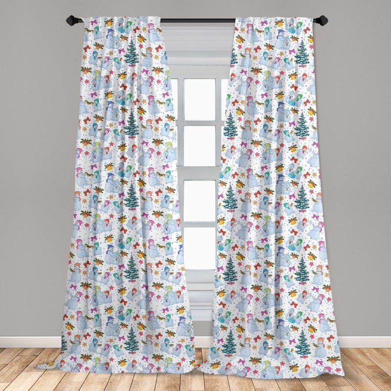 Ambesonne Christmas Window Curtains  Holiday Xmas Eve Carol Theme Snowman Pine Trees and Snowflakes Ribbons Image  Lightweight Decor 2-Panel Set with Rod Pocket  Pair of - 28"" x 63""  Pale Ceil Blue - Image 3