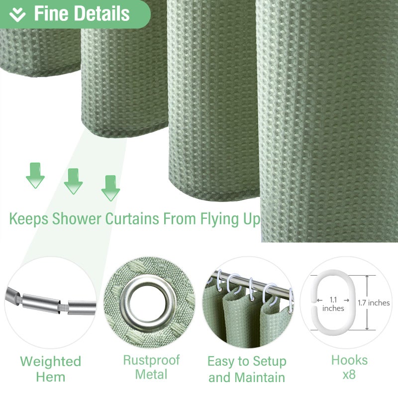 Dynamene Stall Fabric Shower Curtain - 48 inch Wide Waffle Weave Weighted Thick Cloth Shower Curtain for Bathroom, Neutral Heavy Duty Hotel Spa Luxury Bath Curtain Set with 8 Hook, 48x72, Sage Green - Image 5