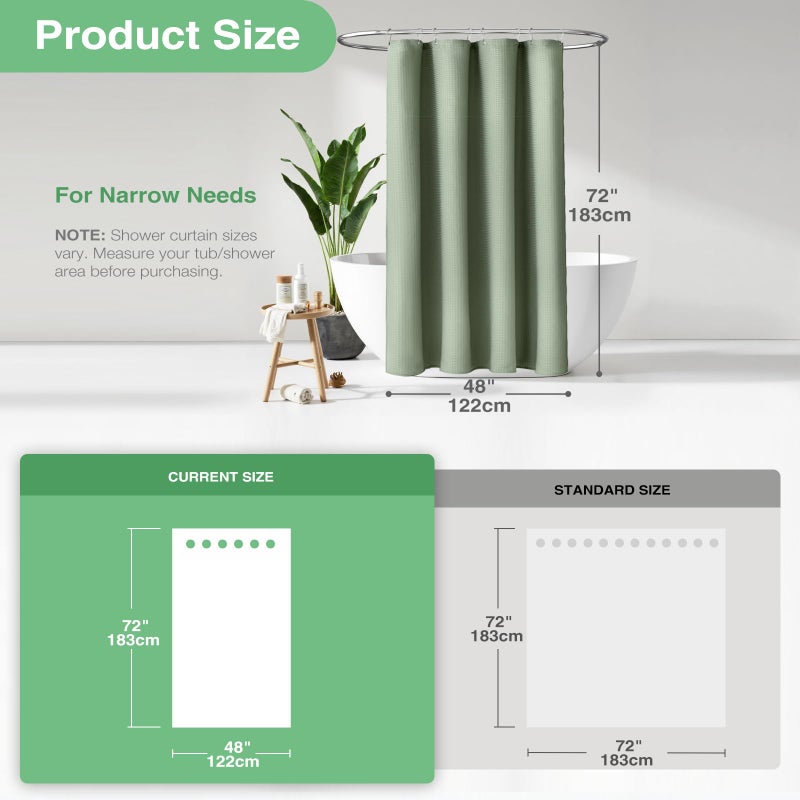 Dynamene Stall Fabric Shower Curtain - 48 inch Wide Waffle Weave Weighted Thick Cloth Shower Curtain for Bathroom, Neutral Heavy Duty Hotel Spa Luxury Bath Curtain Set with 8 Hook, 48x72, Sage Green - Image 3
