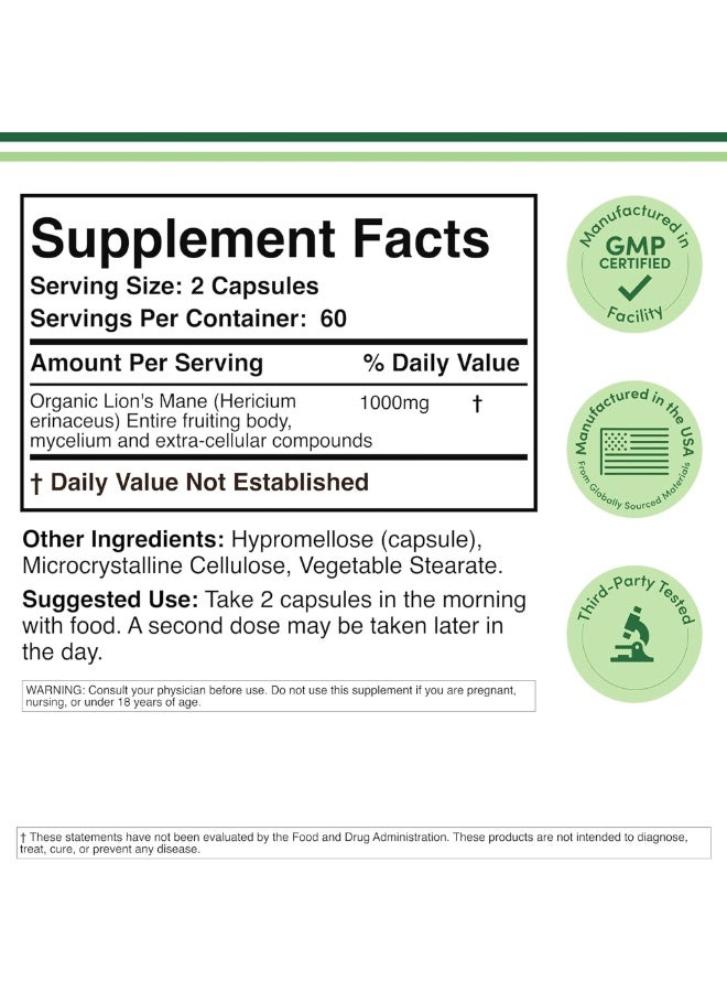 Double Wood Supplements Organic Lion’s Mane Mushroom Capsules – 120 Count Double Wood Supplements - Image 2