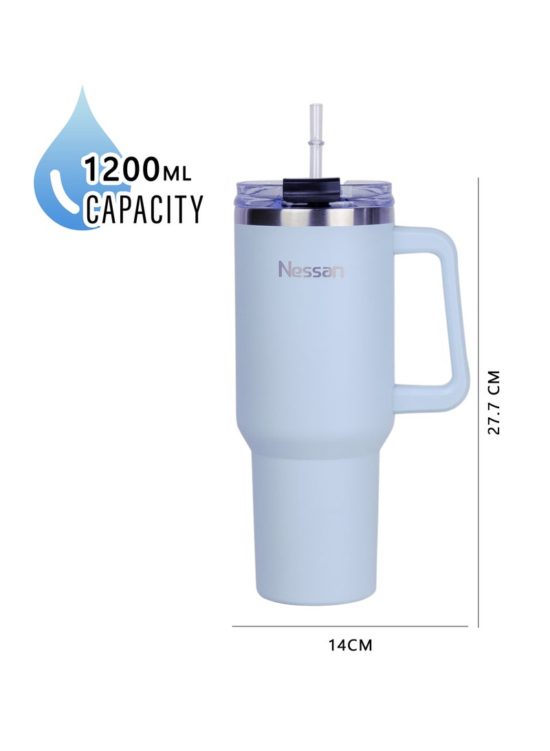 Nessan Double Wall Stainless Steel Vacuum Insulated Travel Mug Tumbler with Dual Function Lid and Straw for Water, Iced Tea or Hot Coffee, Smoothie and More (Blue, 1200ml) - Image 3