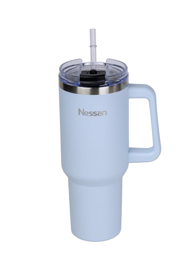 Nessan Double Wall Stainless Steel Vacuum Insulated Travel Mug Tumbler with Dual Function Lid and Straw for Water, Iced Tea or Hot Coffee, Smoothie and More (Blue, 1200ml) - Image 2