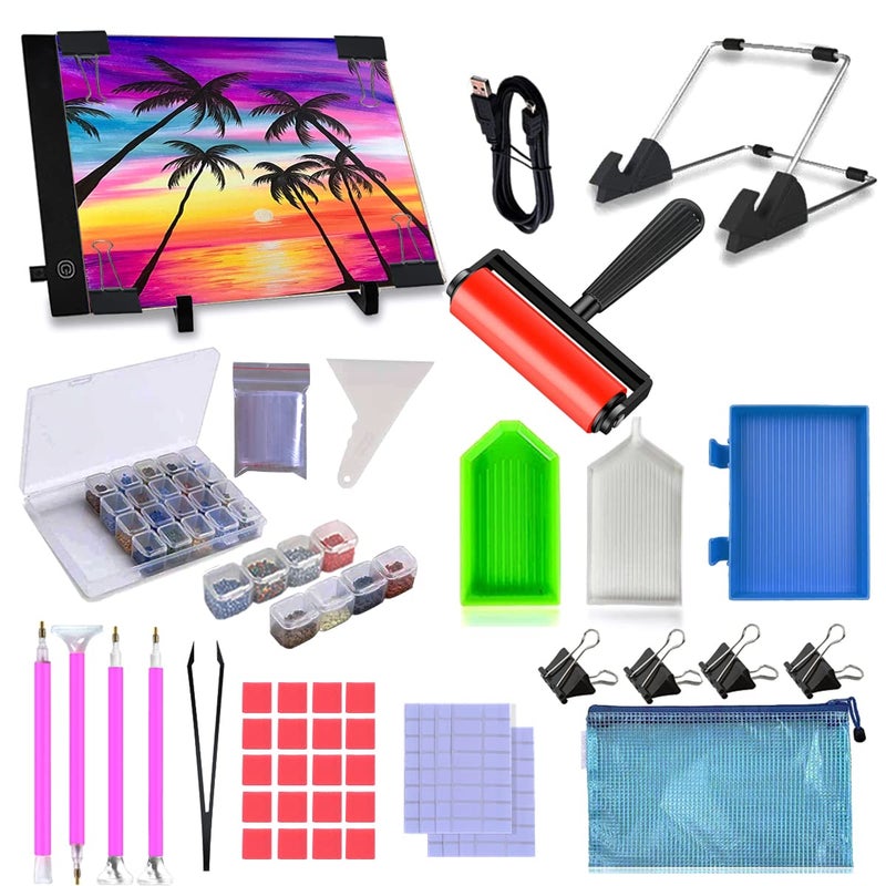 LIRUNQIU 59 Pcs Diamond Painting A4 LED Light Pad Kit 5D Diamond Painting Accessories Tool Kit Full Drill for Adults and Kids Supplies Includes Storage Case PensStandPad Board and More