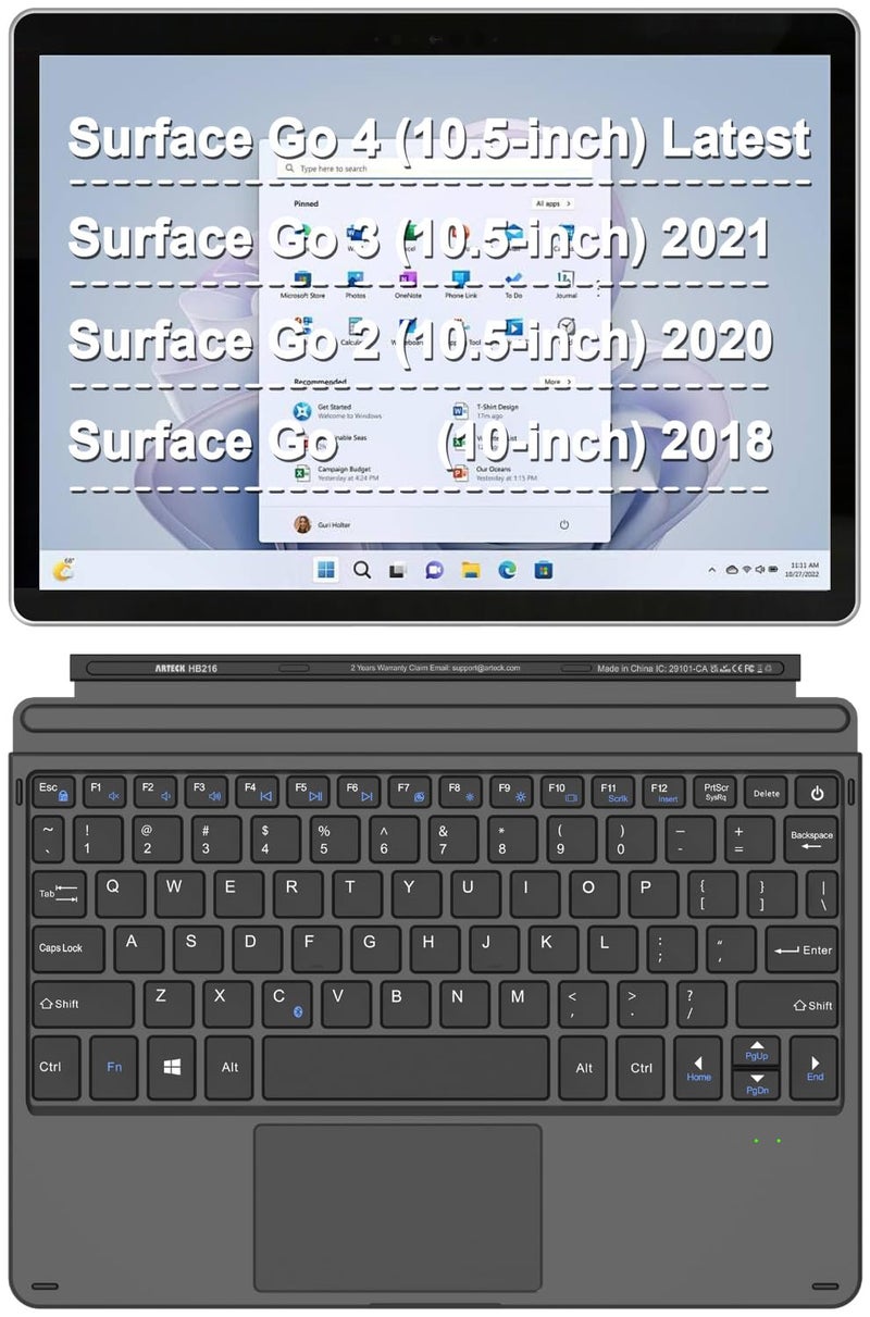 Arteck Microsoft Surface Go Type Cover, Ultra-Slim Portable Bluetooth Wireless Keyboard with Touchpad for Latest Surface Go 4, 3 (2021), 2 (2020) and Built-in Rechargeable Battery - Image 5