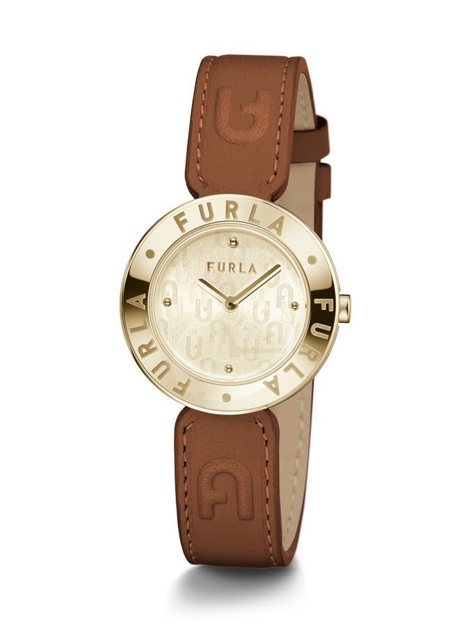 Furla ساعة فورلا إسينشال للنساء بمينا بلون الشمبانيا وحزام جلدي بني - Image 1