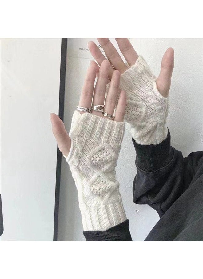 HY A Pairs of Winter Knit Gloves,Half Finger Gloves for Women Men,Knit Gloves Winter Stretchy Gloves for Winter Outdoor Sports,Half Finger Knit Winter Mittens Thick Wool Liner for Driving Cycling (White)  - Image 5