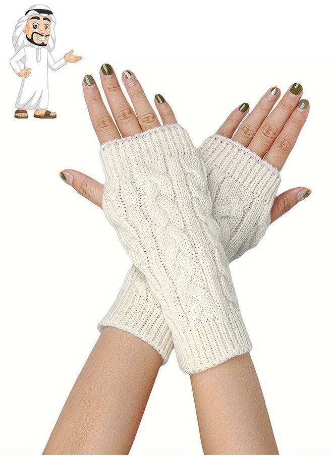 HY A Pairs of Winter Knit Gloves,Half Finger Gloves for Women Men,Knit Gloves Winter Stretchy Gloves for Winter Outdoor Sports,Half Finger Knit Winter Mittens Thick Wool Liner for Driving Cycling (White)  - Image 1