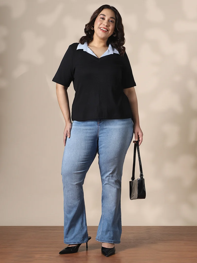 جلو باص بلوزة جلوبلس سوداء بياقة مضلعة مقاس كبير