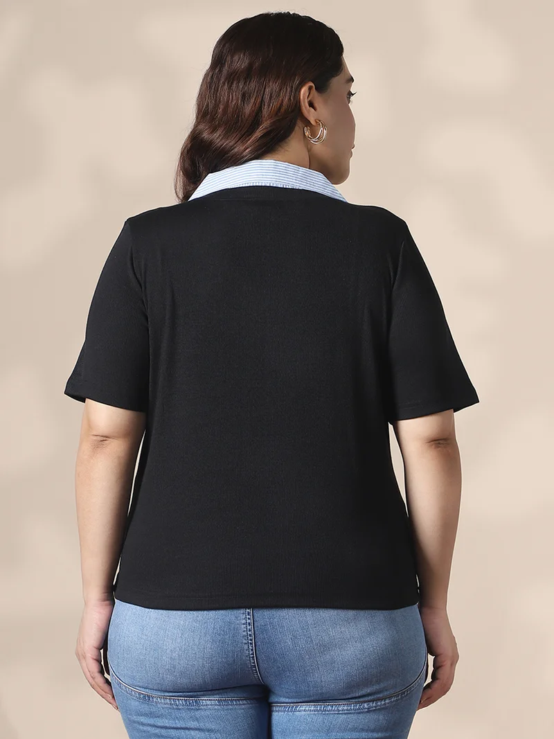 جلو باص بلوزة جلوبلس سوداء بياقة مضلعة مقاس كبير