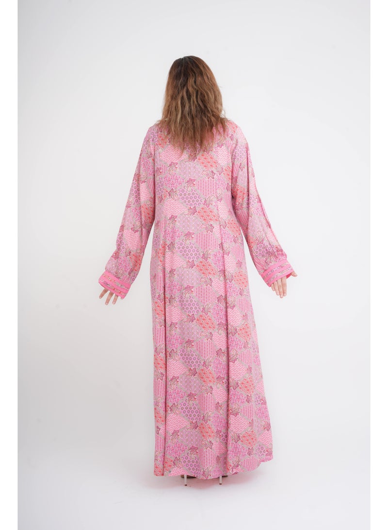 اكسا جلابية كلاسيكية مطبوعة وردي - Image 4