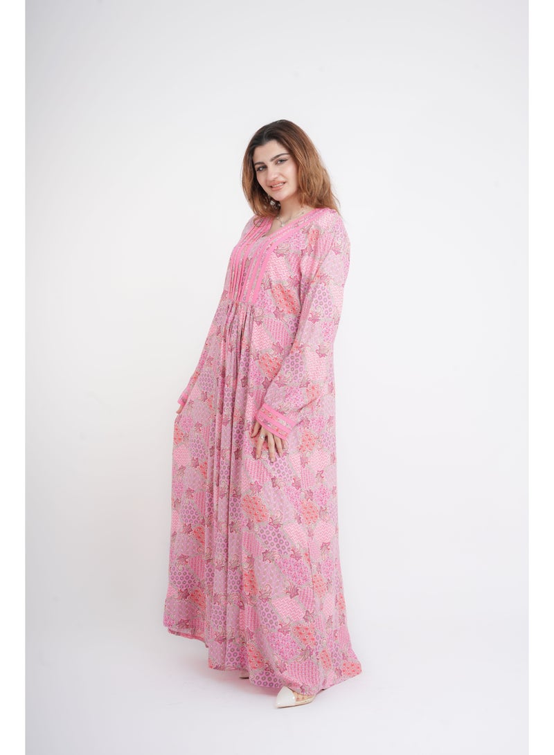 اكسا جلابية كلاسيكية مطبوعة وردي - Image 3