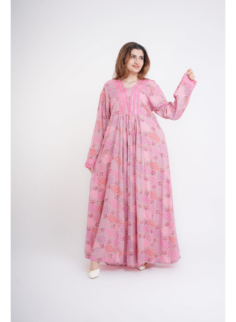 اكسا جلابية كلاسيكية مطبوعة وردي - Image 1