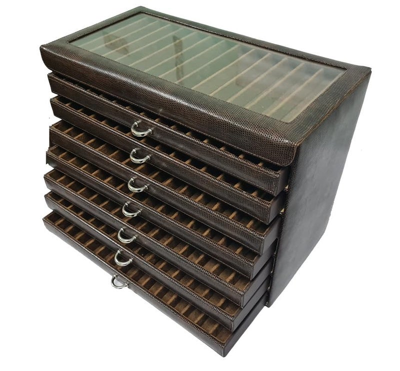 essart Faux Leather Eight Level Pen Transparent Display Organizer Box for 120 pens in Snakebit-Brown Color - Image 2
