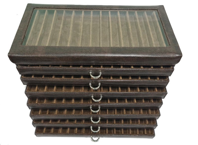 essart Faux Leather Eight Level Pen Transparent Display Organizer Box for 120 pens in Snakebit-Brown Color - Image 1