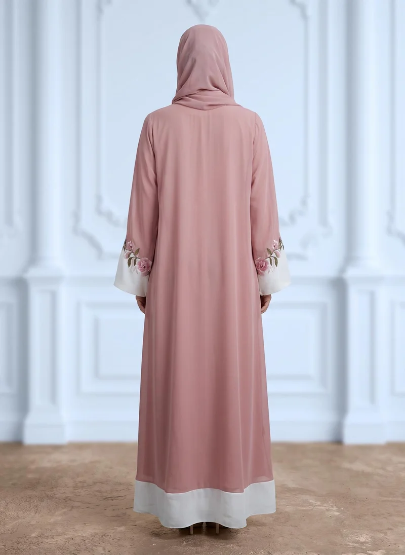 Nukhbaa  Dusty Pink Floral Vine Contrast Panel Abaya-954 for Women | Best Price UAE