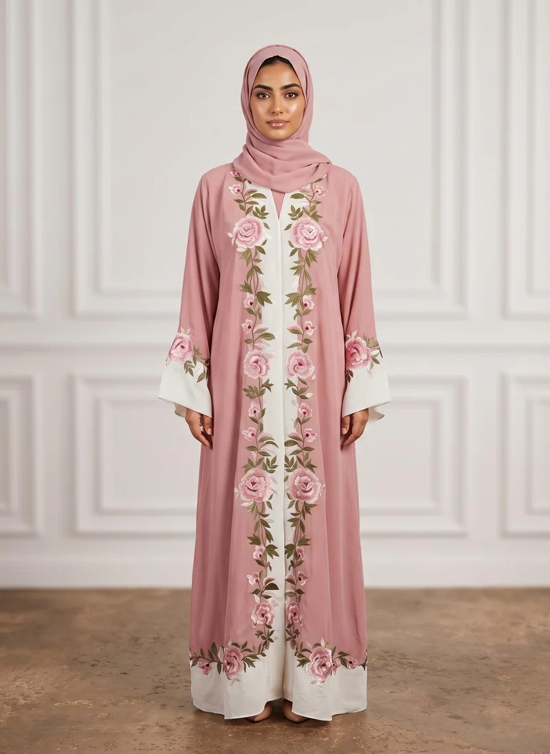 Dusty Pink Floral Vine Contrast Panel Abaya-954