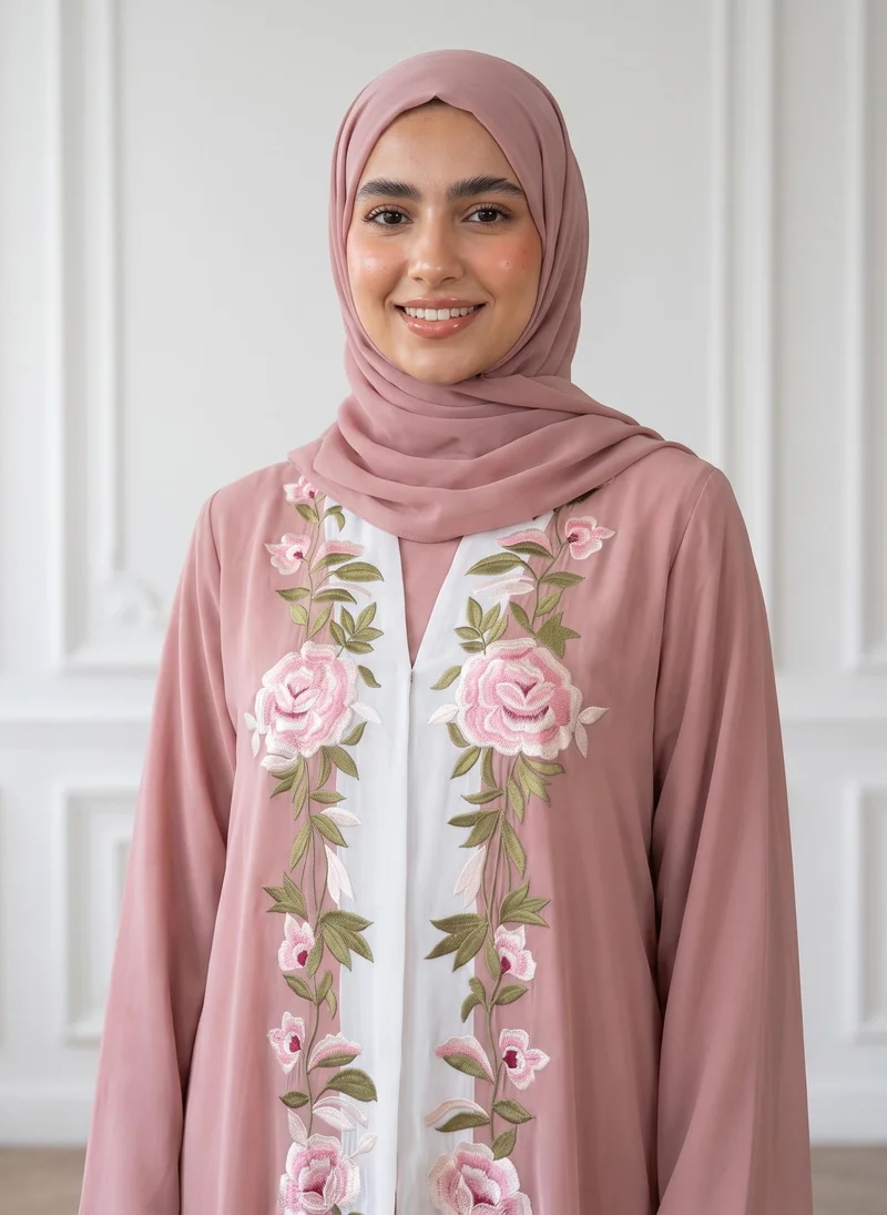 Nukhbaa  Dusty Pink Floral Vine Contrast Panel Abaya-954 for Women | Best Price UAE