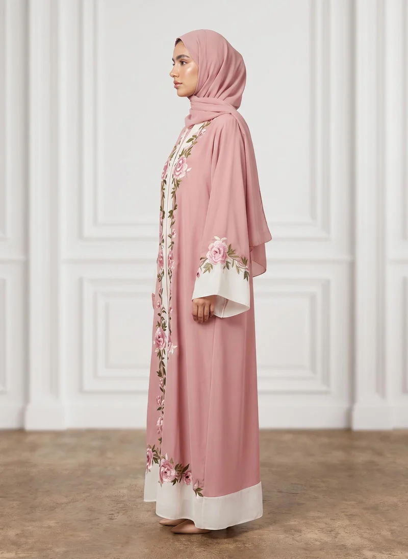 Nukhbaa  Dusty Pink Floral Vine Contrast Panel Abaya-954 for Women | Best Price UAE