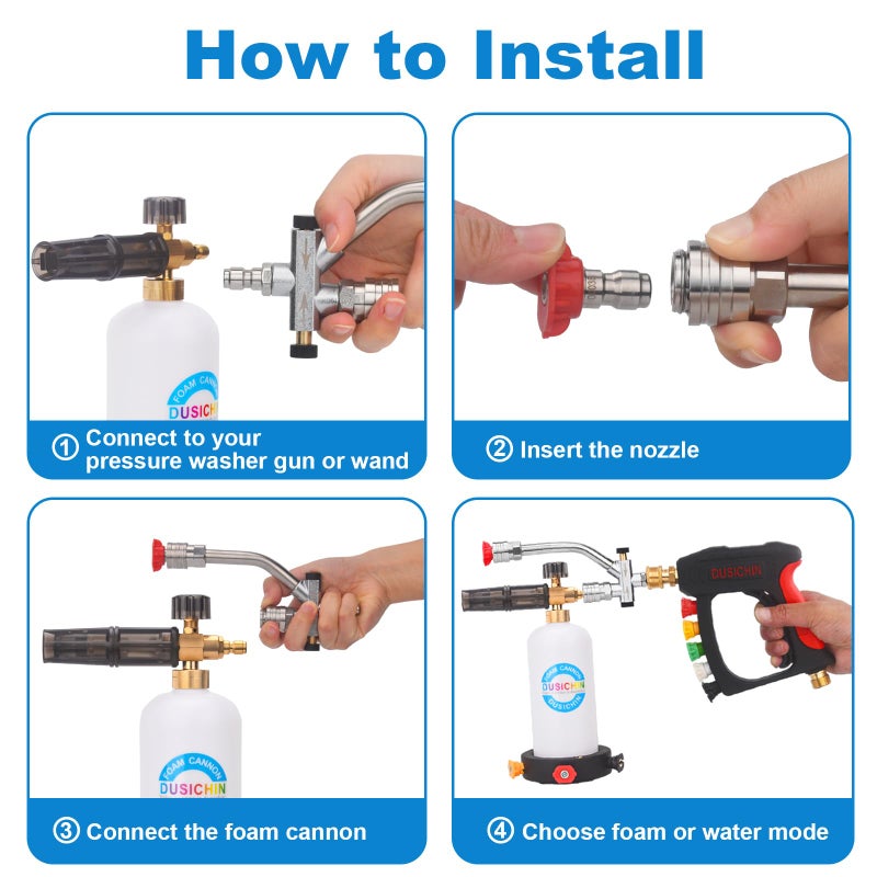 DUSICHIN Foam Cannon Snow Foam Lance Dual Ended Shift Valve For Pressure Washer, 5 Nozzle Tip Holder Dual Connector Wide Mouth Soap Cannon 5 Power Washer Sprayer Nozzles 1/4" Quick Connect Soap Cannon - Image 4